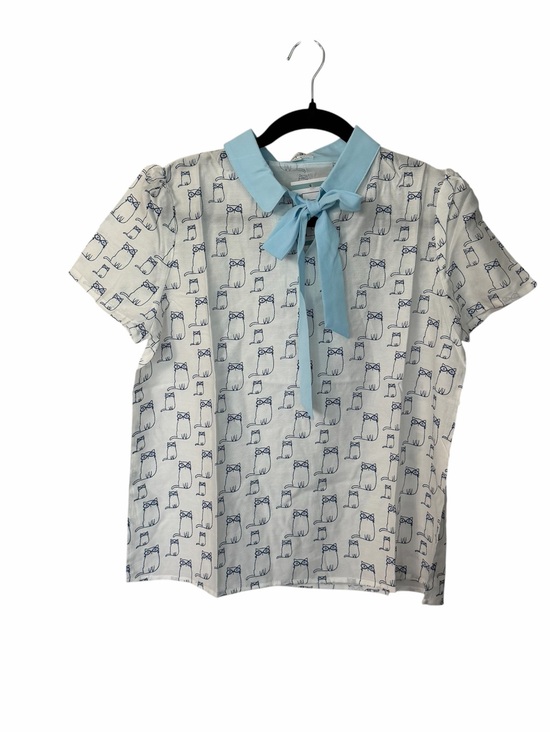 Tulip B Tops - Tulip B Women’s Short Sleeve White & Blue Tie Neck Cat Design Blouse Sz S NWT